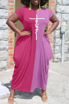 Rozerode mode casual print patchwork asymmetrische jurk met O-hals en korte mouwen