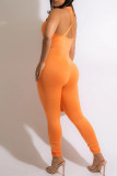 Oranje sexy effen uitgeholde patchwork backless asymmetrische reguliere jumpsuits