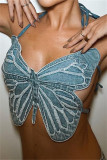 Light Blue Fashion Sexy Patchwork Bandage Backless Halter Tops