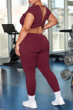 Red Casual Sportswear Solid Backless O Neck Plus Size Two Pieces