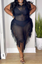 Black Fashion Casual Plus Size Solid Tassel Patchwork O Neck Irregular Dress