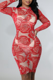 Vestidos de falda de lápiz con cuello en O de patchwork con estampado sexy rojo