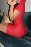 Macacão skinny vermelho fashion casual sólido básico com capuz