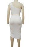 White Sexy Solid Patchwork Fold Asymmetrical Oblique Collar Sleeveless Two Pieces