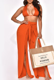Tangerine Red Sexy Solid Bandage Patchwork Backless Halter Two Pieces