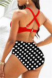 Black Red Fashion Sexy Print Hollowed Out Patchwork Backless Swimwears (With Paddings)