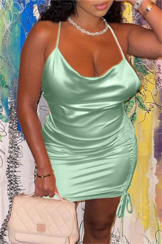 Green Fashion Sexy Solid Draw String Backless Fold Spaghetti Strap Sleeveless Dress