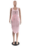 Pink Fashion Casual Print Basic U Neck Vest Dress