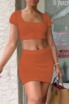 Orange Fashion Sexy Solid Bandage Hollowed Out Backless Square Collar Short Sleeve Two Pieces