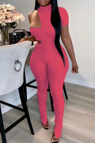 Rose Red Fashion Sexy Solid Asymmetrical Turtleneck Short Sleeve Two Pieces