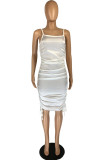 White Fashion Sexy Solid Draw String Backless Fold Spaghetti Strap Sleeveless Dress