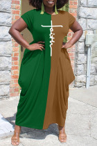 グリーン ファッション カジュアル プリント パッチワーク 非対称 O ネック半袖ドレス