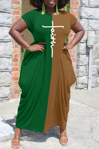 Green Fashion Casual Print Patchwork Asymmetrical O Neck Short Sleeve Dress