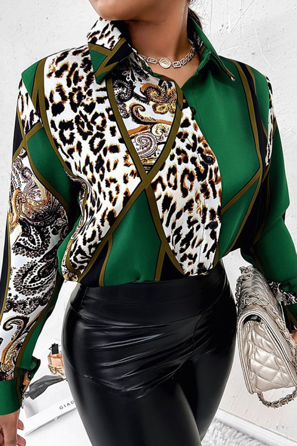 Top con colletto rovesciato con fibbia patchwork con stampa casual con stampa leopardata