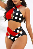 Rose Red Fashion Sexy Print Uitgeholde Patchwork Backless Swimwears (Met Paddings)