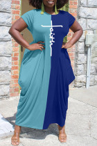 Hemelsblauwe mode-casual print patchwork asymmetrische jurk met O-hals en korte mouwen