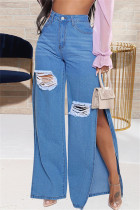 Baby Blue Fashion Casual Solid Ripped Slit High Waist Regular Denim Jeans