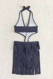 Grey Fashion Sexy Solid Tassel Bandage Hollowed Out Backless Swimwears (With Paddings)