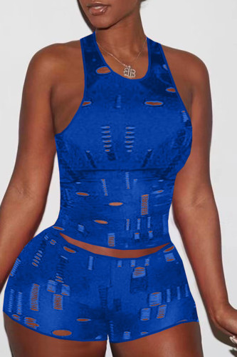 Blue Fashion Sexy Casual Solid Ripped Hollowed Out O Neck Sleeveless Two Pieces