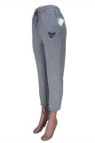 Grey Fashion Casual Letter Print Basic Regular High Waist Trousers