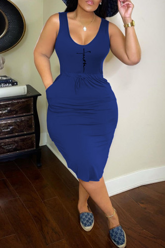 Blue Fashion Casual Print Basic U Neck Vest Dress