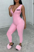 ピンクのセクシーなプリント パッチワーク ジッパー V ネック レギュラー ジャンプスーツ