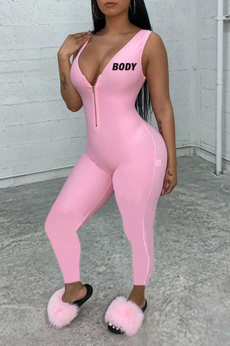 Pink Sexy Print Split Joint Zipper V Neck Regular Jumpsuits