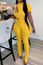 Amarela Moda Sexy Sólida Gola Alta Assimétrica Manga Curta Duas Peças