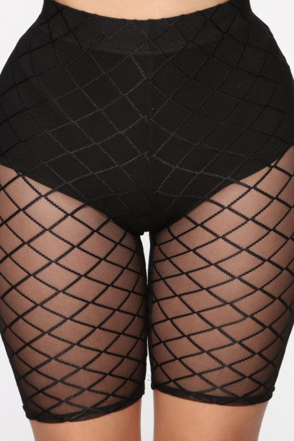 Schwarze Mode Sexy Patchwork durchsichtige dünne Shorts mit hoher Taille