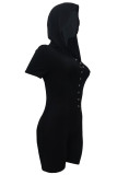 Macacão skinny preto fashion casual sólido básico com capuz