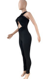 Black Sexy Solid Hollowed Out Patchwork Backless Asymmetrical Regular Jumpsuits