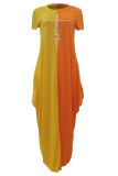 Gelbes, modisches, lässiges Patchwork-Kleid mit asymmetrischem O-Ausschnitt und kurzen Ärmeln
