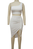 White Sexy Solid Patchwork Fold Asymmetrical Oblique Collar Sleeveless Two Pieces