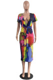 Multicolor Mode Casual Print Tie Dye Met Riem V-hals Jurk met Korte Mouwen