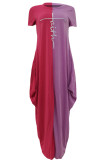 Himmelblaues, modisches, lässiges Patchwork-Patchwork-Kleid mit asymmetrischem O-Ausschnitt und kurzen Ärmeln