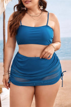 Mörkblått mode sexigt massivt rygglöst spaghettiband plus storlek badkläder i tre delar (med vadderingar)