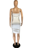White Fashion Sexy Solid Draw String Backless Fold Spaghetti Strap Sleeveless Dress