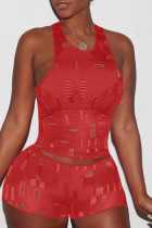 Красный модный сексуальный повседневный однотонный рваный выдолбленный вырез с круглым вырезом без рукавов из двух частей