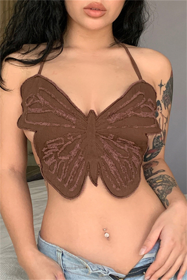 Moda marrón sexy patchwork vendaje sin espalda halter tops