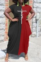 Schwarzes, modisches, lässiges Patchwork-Kleid mit asymmetrischem O-Ausschnitt und kurzen Ärmeln