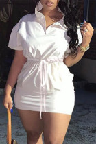 ホワイトファッションカジュアルソリッドVネック半袖ドレス