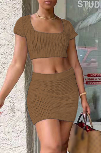 Brown Fashion Sexy Solid Bandage Hollowed Out Backless Square Collar Short Sleeve Two Pieces