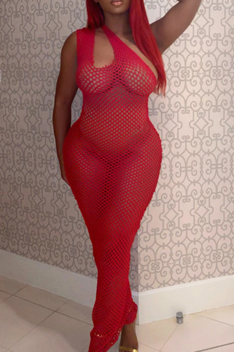 Red Sexy Solid Patchwork One Shoulder Pencil Skirt Dresses