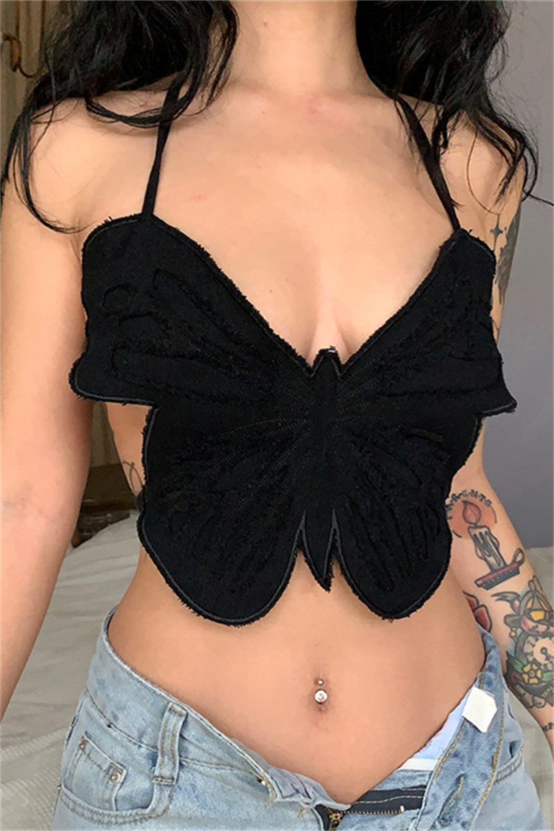 

Black Fashion Sexy Patchwork Bandage Backless Halter Tops