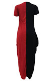 スカイブルーファッションカジュアルプリントパッチワーク非対称Oネック半袖ドレス