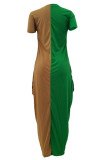 Green Fashion Casual Print Patchwork Asymmetrical O Neck Short Sleeve Dress