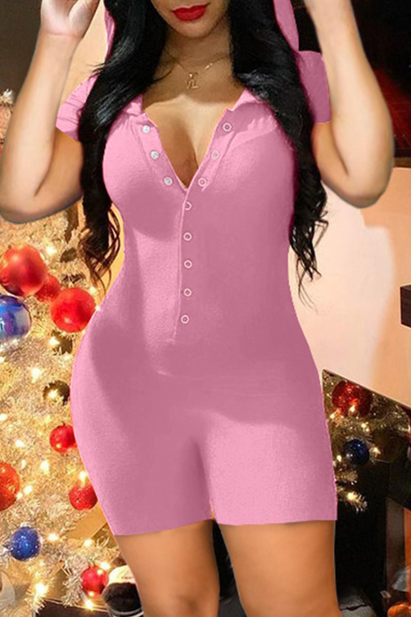 

Pink Fashion Casual Solid Basic Hooded Collar Skinny Romper