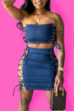 Deep Blue Sexy Solid Bandage Patchwork Strapless Sleeveless Two Pieces