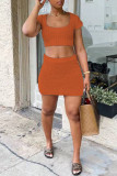 Оранжевый модный сексуальный сплошной бинт с открытой спиной и квадратным воротником с коротким рукавом из двух частей
