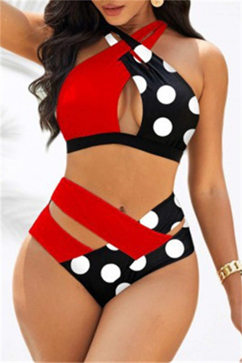 

Black Red Fashion Sexy Print Hollowed Out Patchwork Backless Swimwears (With Paddings)